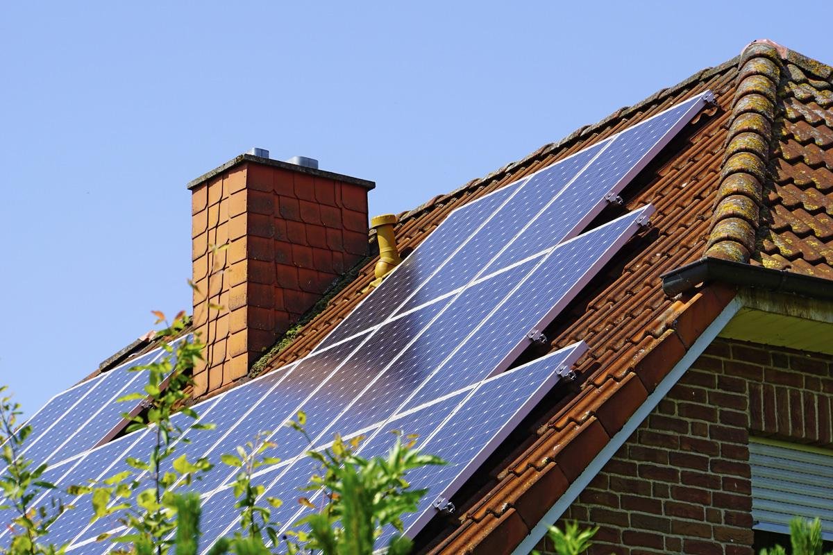 Germany, North Rhine Westphalia, Minden, Roof with photovoltaic installation