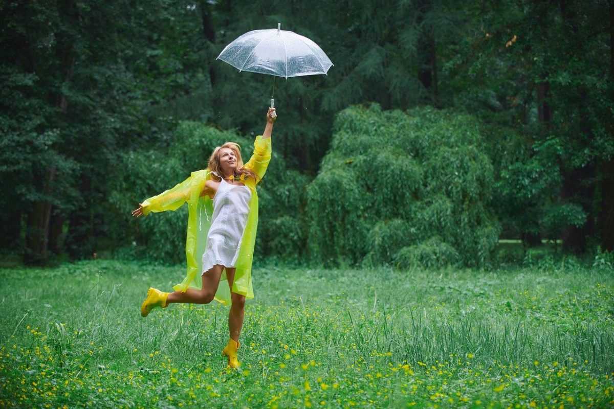 woman, park, stroll, summer, umbrella, forest, glade, raincoat, nature, yellow, yellow boots, yellow raincoat, jump