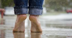 barefoot, feet, rain, raining, rainfall, nature, outdoors, water, wet, jeans, denim pants, legs