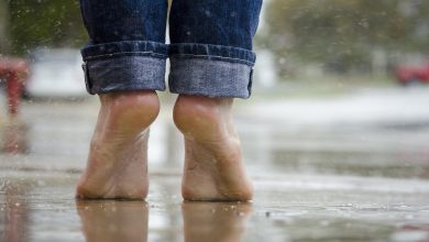 barefoot, feet, rain, raining, rainfall, nature, outdoors, water, wet, jeans, denim pants, legs