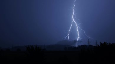 Dramatic lightning bolt striking during a stormy night. Perfect for nature and weather themes.