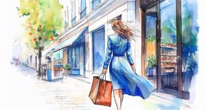 ai generated, woman, shopping, city, dress, shopping street, pocket, person, human, female