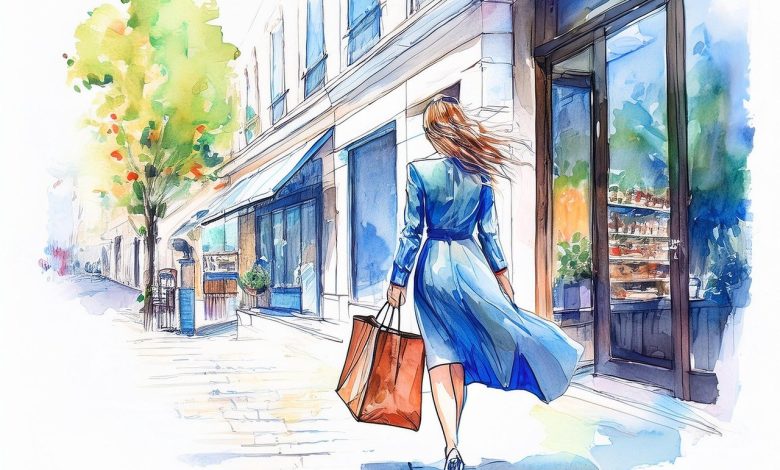 ai generated, woman, shopping, city, dress, shopping street, pocket, person, human, female