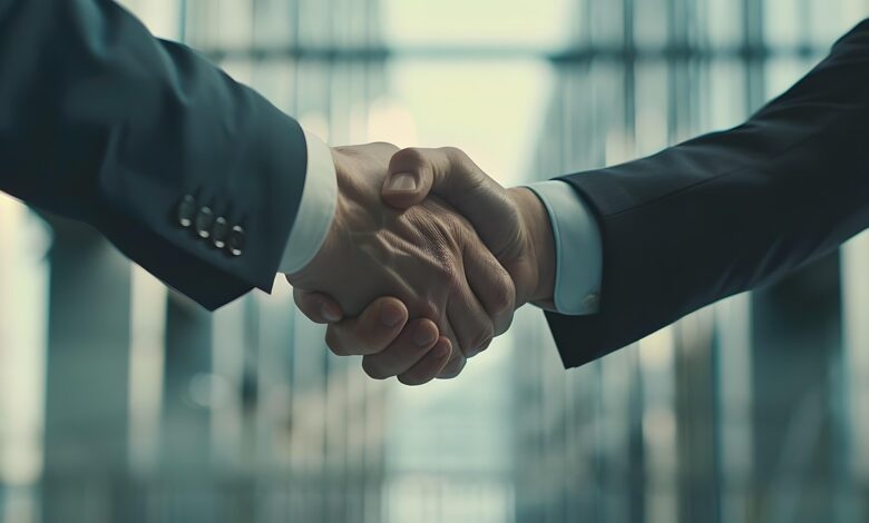 ai generated, business, partnership, agreement, contract, shaking-hands, teamwork, corporate, professional, managers, executives, office, interior, architecture, window, modern, minimal, tension, intensity, handshake, angular, sleek, meeting, workplace, alliance, organization