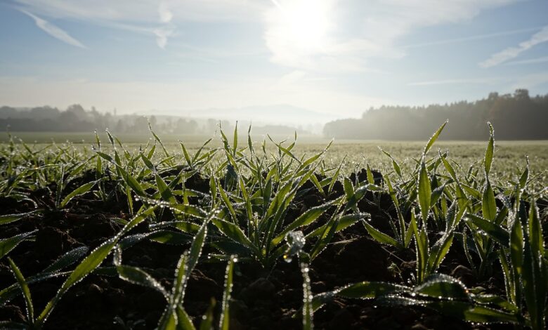 grain, wheat, barley, winter cereals, fall, meadow, sunrise, fog, winter, frost, seed, agriculture, backlighting, morning mood, field, morning sun, landscape, blade of grass, heaven, sun