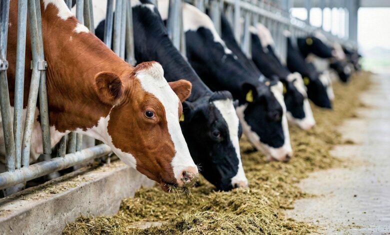 cow, cows, dairy, farm, agriculture, cattle, stable, animal, food, hay, nature, feed, modern, clean, within, brown, white, black, industrial, ai generated