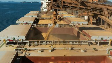 Aerial view of a cargo ship loading grain at a bustling industrial port by the sea.