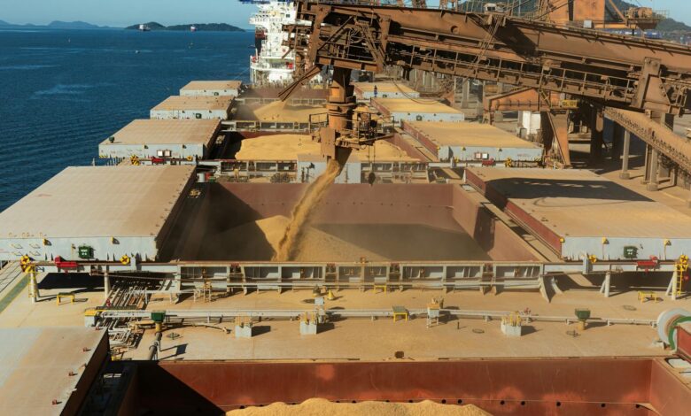 Aerial view of a cargo ship loading grain at a bustling industrial port by the sea.
