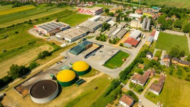 Aerial shot of an industrial facility in Hercegovac, Croatia during the day.