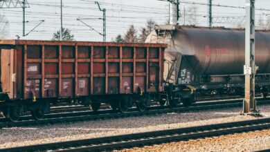 Industrial freight train wagons on railway tracks in Trzebinia, Poland.