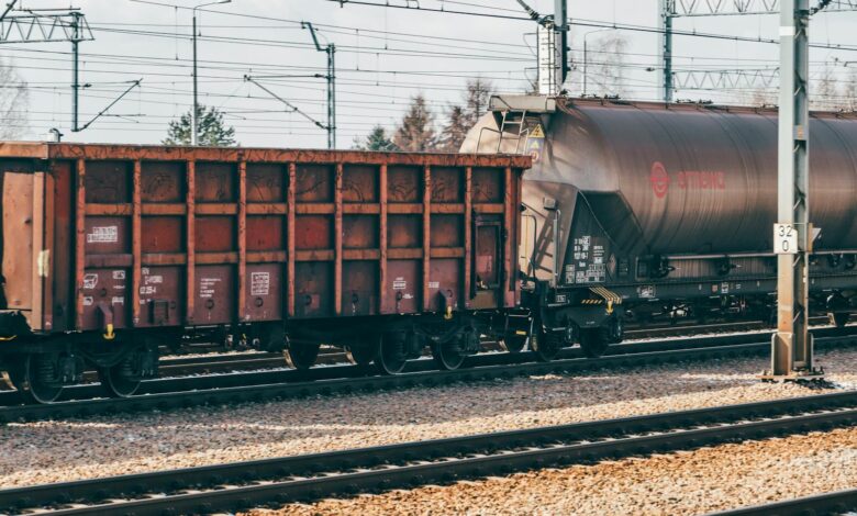 Industrial freight train wagons on railway tracks in Trzebinia, Poland.
