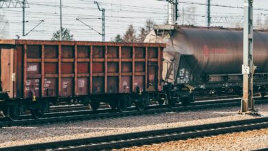 Industrial freight train wagons on railway tracks in Trzebinia, Poland.
