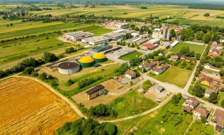 Aerial shot of Hercegovac, Croatia, showing industrial and agricultural landscape.