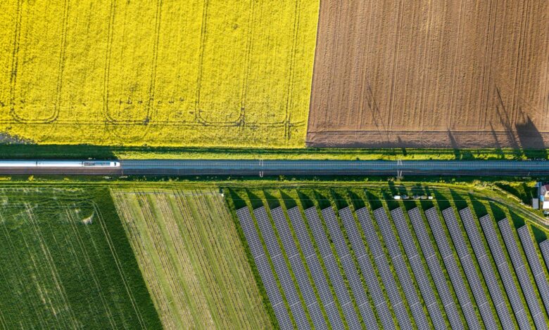 Train traveling through colorful agricultural fields from above.
