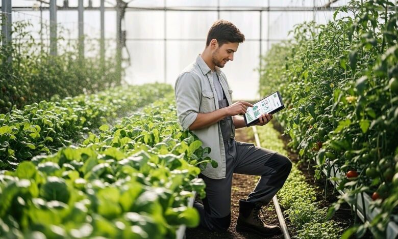agriculture, smart farming, greenhouse, technology, farmer, agritech, digital, tablet, monitoring, sustainable, vegetables, growth, modern, data, precision agriculture, automation, eco-friendly, hydroponics, nature, planting, farm management, future, professional, ai generated