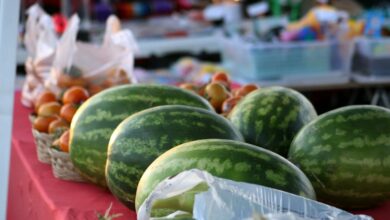 a bunch of watermelons sitting on a table