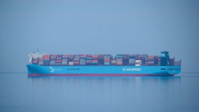 A Maersk container ship loaded with colorful cargo sailing on a serene sea.