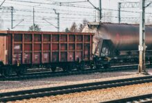 Industrial freight train wagons on railway tracks in Trzebinia, Poland.