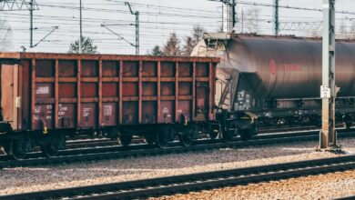 Industrial freight train wagons on railway tracks in Trzebinia, Poland.